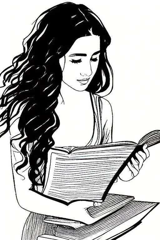 Pencil sketch of Young woman, Arab features,sad, long wavy hair, reading a book, full body، on lined paper