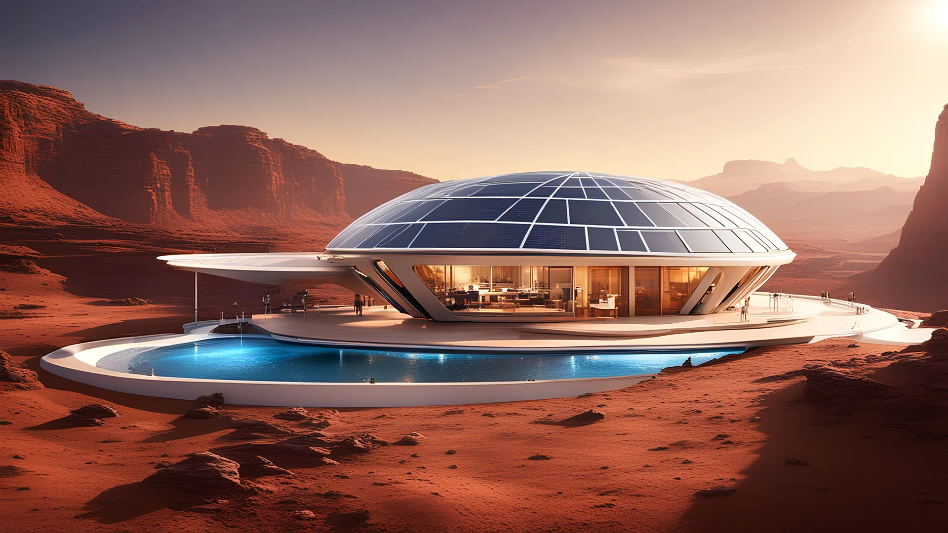 6003. Innovative environmentally-friendly home on Mars, solar panels, water wheel in river, alternative energy, scientific experiment, home of the future, fantasy, robotic, automated, spectacular, futuristic, beautiful lighting, attractive composition, photorealistic, extremely detailed, chiaroscuro