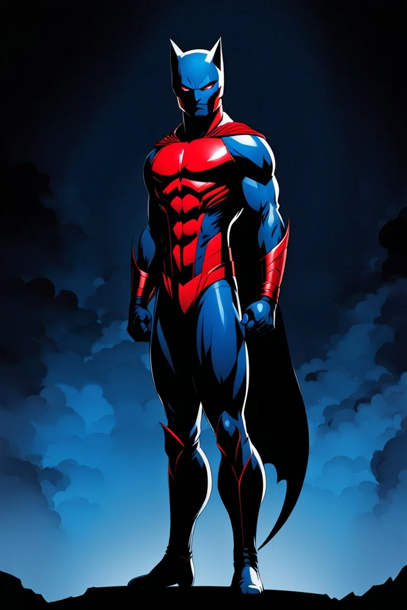 Catman, comic style artwork, dark black, red and blue, calm, full body