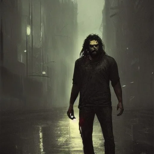 Zombie Jason momoa, dramatic light, cityscape, twilight, dystopian setting, high contrast, painted by greg rutkowski, cinematic