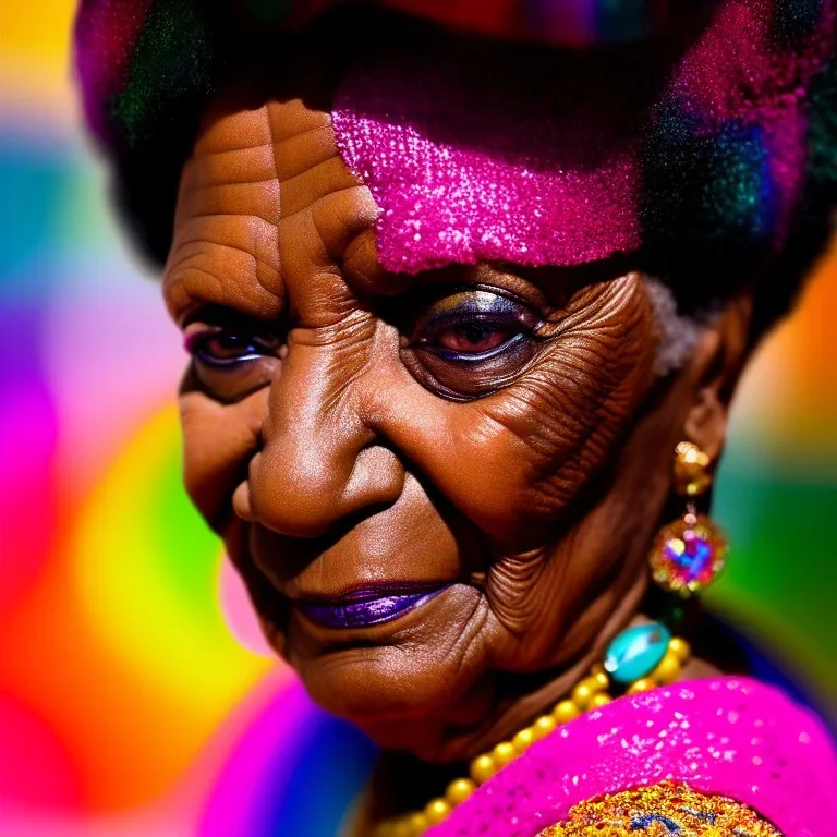 masterpiece, best quality, old woman, dark skinned, sparkling eyes, fluorescent skin, colorful makeup, afro, head shot, highly detailed body, sun light, 4K, RAW, depth of field, high contrast, realistic details, 24mm