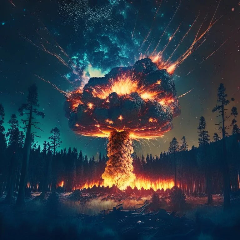 giant radioactive explosion destroy a forest, night starry sky in background, 8k resolution, photorealistic, ultra detailed