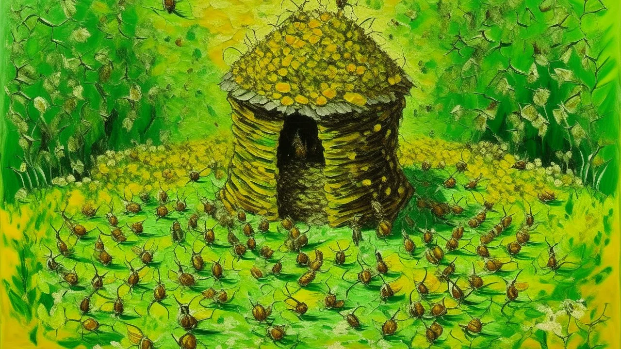A spring yellowish green honey hive kingdom with wasps painted by Vincent van Gogh