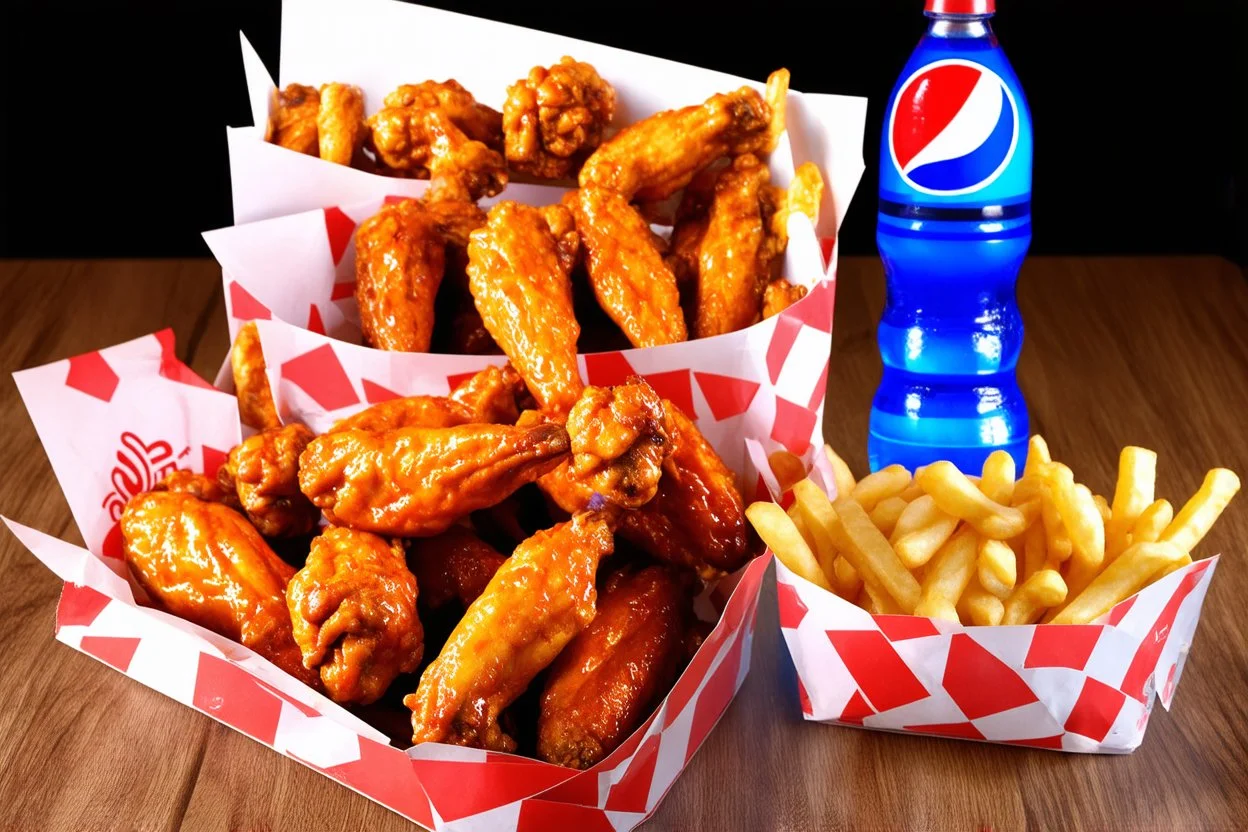 Sizzler Wings Bucket, 25pcs Sizzler southern Fried Crispy Wings, hot fries in 4 white packets, 1.5ltr pepsi bottle just as in UK... wings are hot and spicy, fried...Deliciously looking. All items in one fram and should not be cropped