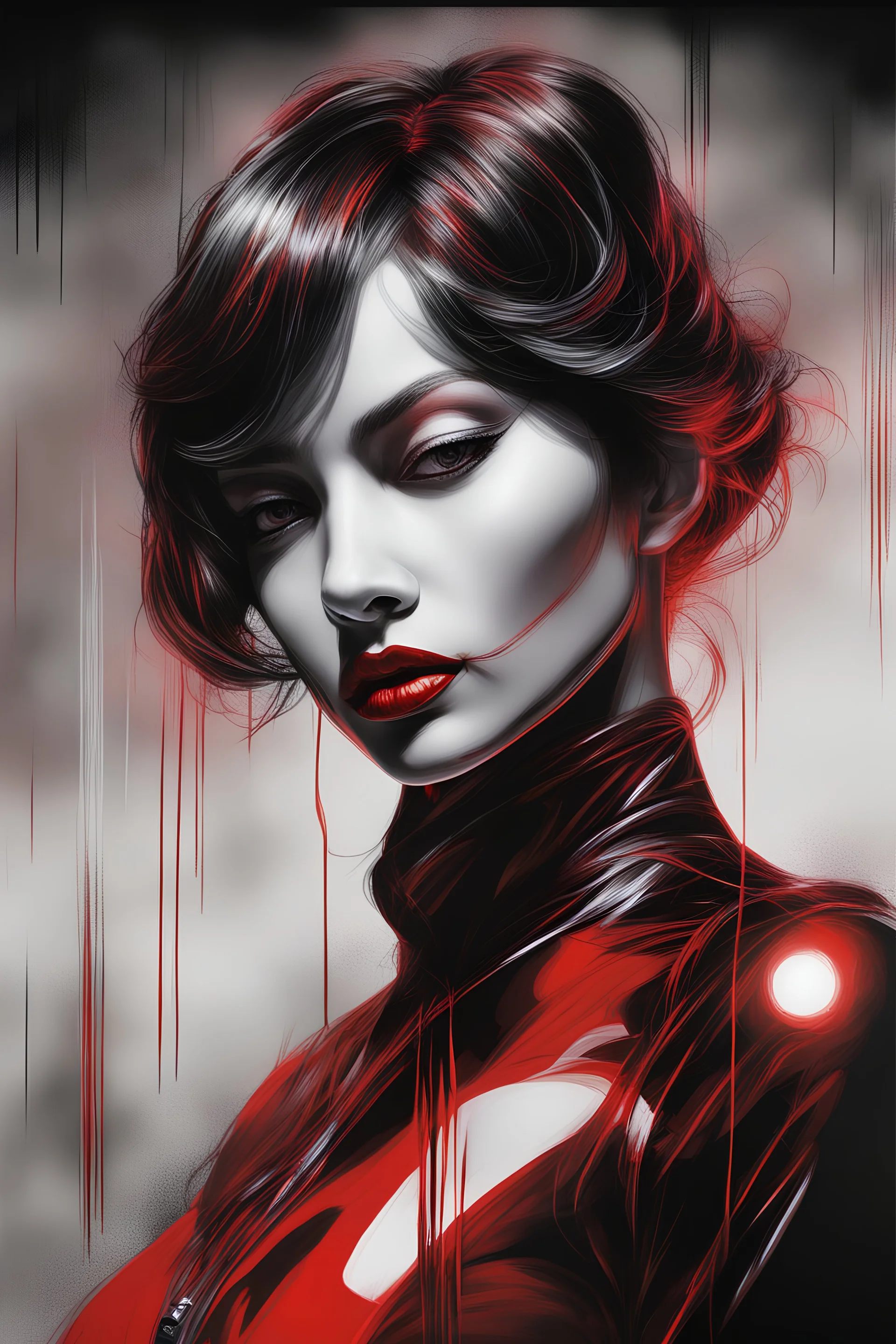 a black and red portrait of a woman's face, neon horror, air brush painting by Hajime Sorayama and Dan Hillier, cgsociety, dark erotica, avant garde gothic androgynous, mixed media, dystopian art, cosmic art, analog horror, nightmarefuel, hauntingly beautiful, beautifully ominous, sharp and razor focused in stunning HD, world class art, unique, modern masterpiece, exceptional, exquisite, dark fantasy, grime, neoism, apocalypse art, calotype