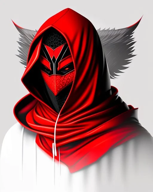 Draw an illustration with a red and black hood and a dragón mask over they eyes, front view