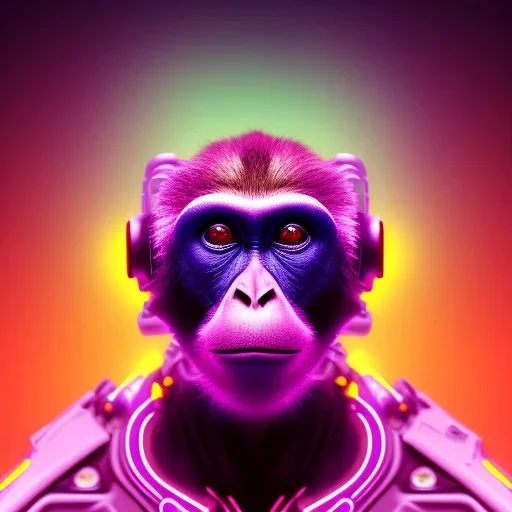 A beautiful portrait of a cyborg monkey purple neon color scheme, high key lighting, volumetric light high details psychedelic background