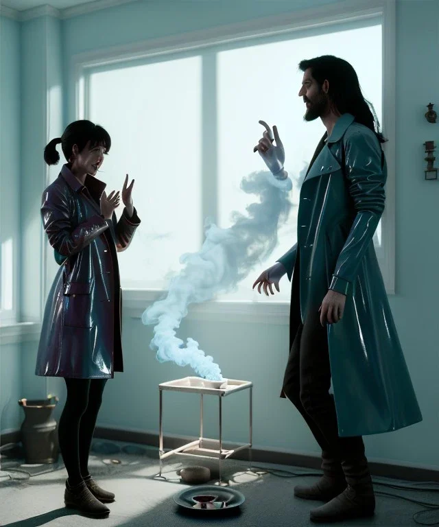 Ultra Realistic image, photo studio, medium shot view, a woman making the fuck off gesture with his finger, blue smoke coming out of his nose and mouth, happy. Latex inflatable coat, soft color, highly detailed, unreal engine 5, ray tracing, RTX, lumen lighting, ultra detail, volumetric lighting, finely drawn, high definition, high resolution.