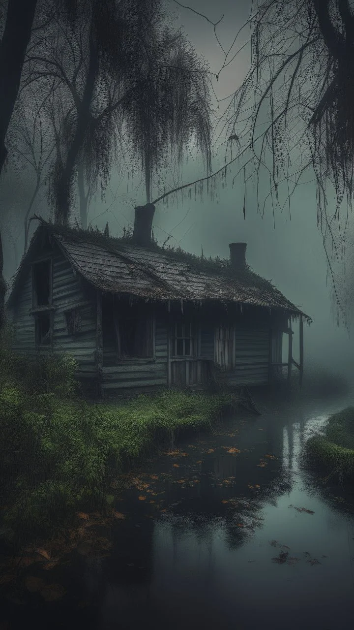 A swamp surrounded by bamboos long trees in cloudy, depressing, foggy, with a dim of light in the distance , there.is an abandoned cottage covered with leaves. A close look of strange scary creature sitting outside the cottage