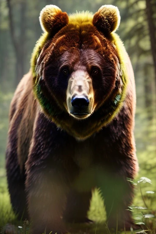 Druid character, young man, bear ears, brown hair, long hair, wild hair, yellow eyes, scars on body, animal hide armor, waist up portrait, 4k resolution, intricate details, ornate details, soft lighting, vibrant colors, retroanime, masterpiece, natural background, fae