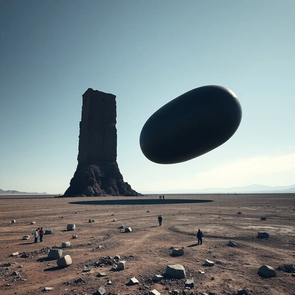 Photograph of a wasteland, giant and odd black object rises from the earth, details of the ground very accentuated, brutalist style, people, skyline far away, shot on hasselblad h6d400c --ar 85:128 --v 6.0, minimaximalist, detailed, 8k, deep 3d field