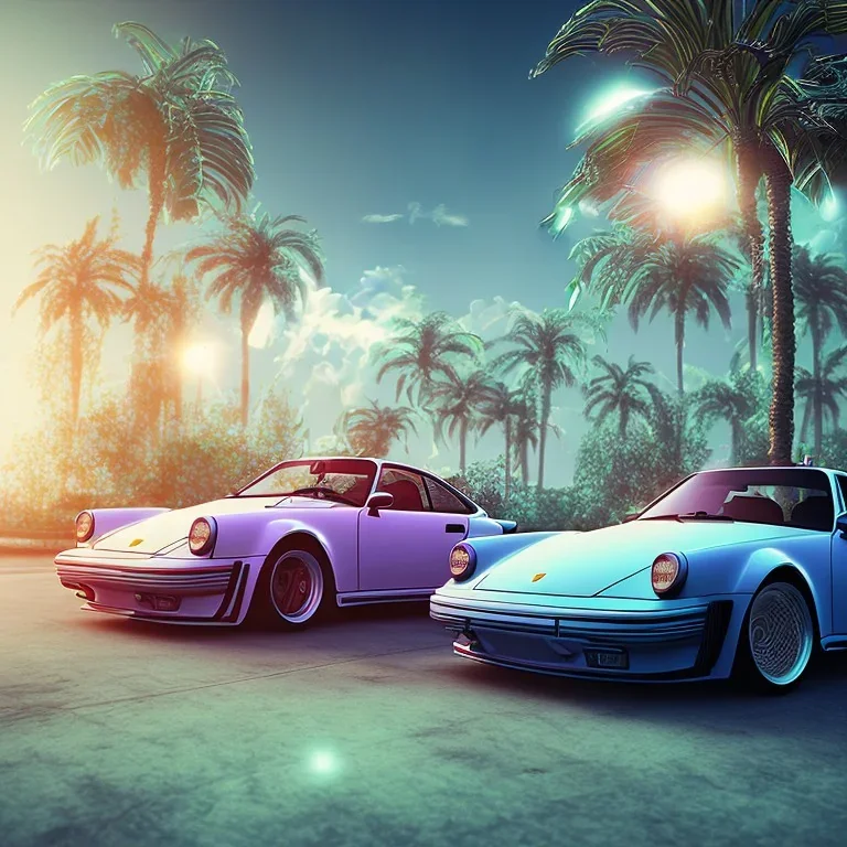 1980's aesthetic vaporwave palm trees and spheres and Porsche with lightning