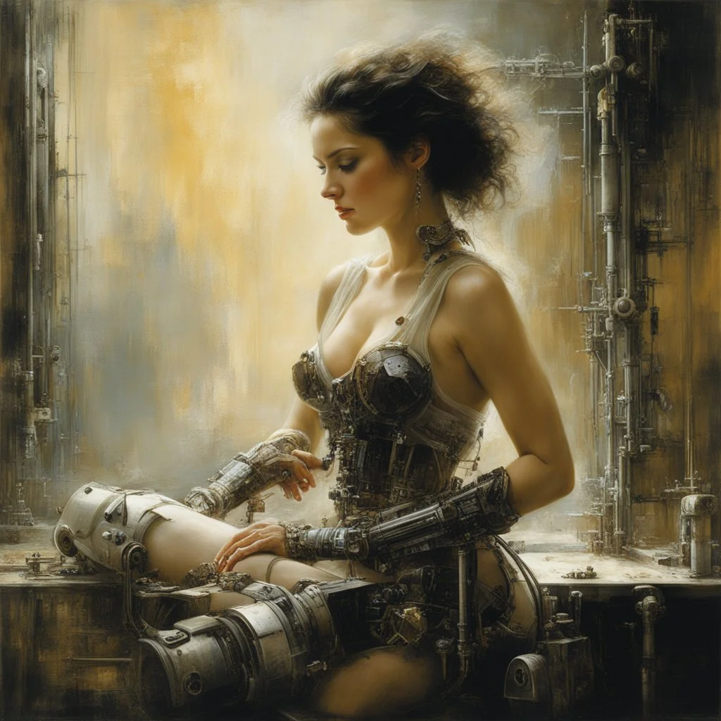 [photography by Titian, Rembrandt van Rijn, by Jeremy Mann, Luis Royo,] Her nimble fingers examined each mechanical joint, repairing what she could and providing solace to their worn mechanisms. Her touch, gentle yet firm, conveyed a profound understanding of their inner workings. She listened to their whirrs and clicks, interpreting the language of their mechanical souls.With the storm's fury as their backdrop, Maria Magdalena nurtured these machines back to a semblance of vitality. She wiped a