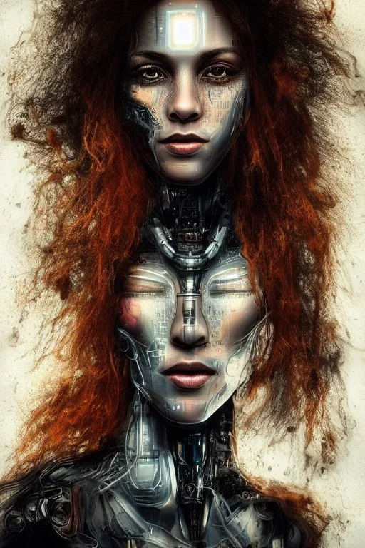 wonderfull portrait only shakira half face robot rust, long black hair, intricate, sci-fi, cyberpunk, future,