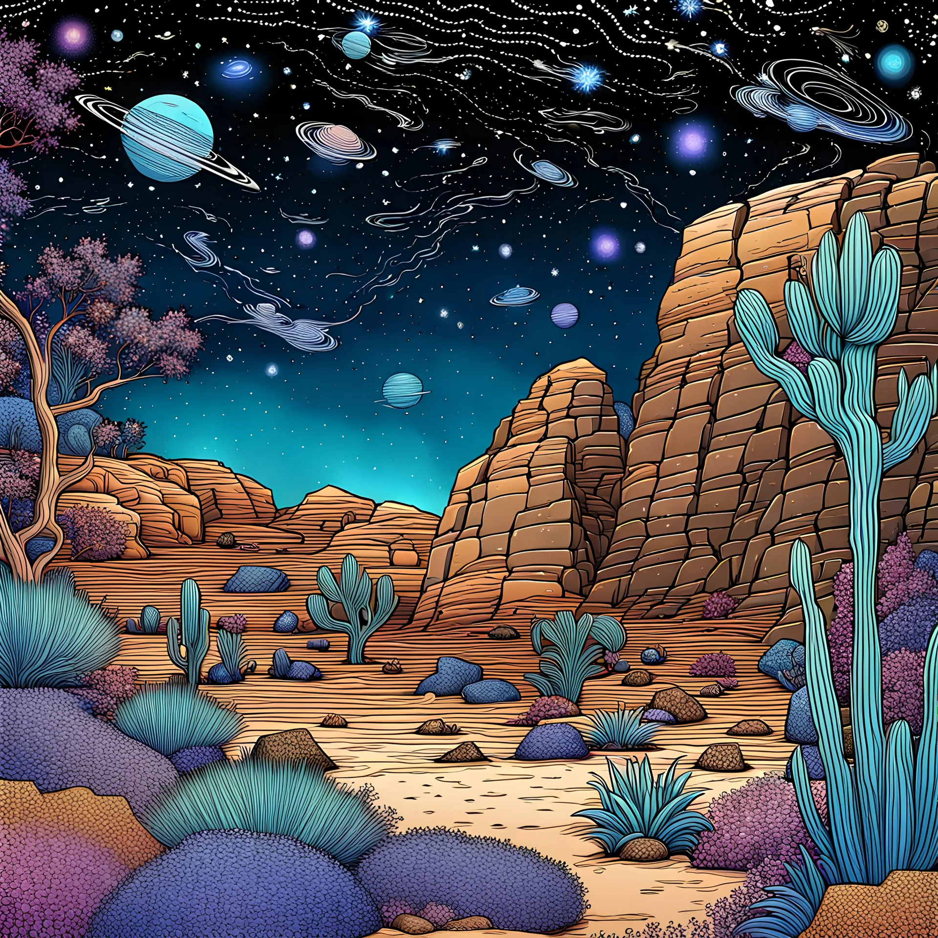 Colourful, peaceful, night sky filled with galaxies and stars, desert, rocks, trees, flowers, one-line drawing, sharp focus, 8k, deep 3d field, intricate, ornate