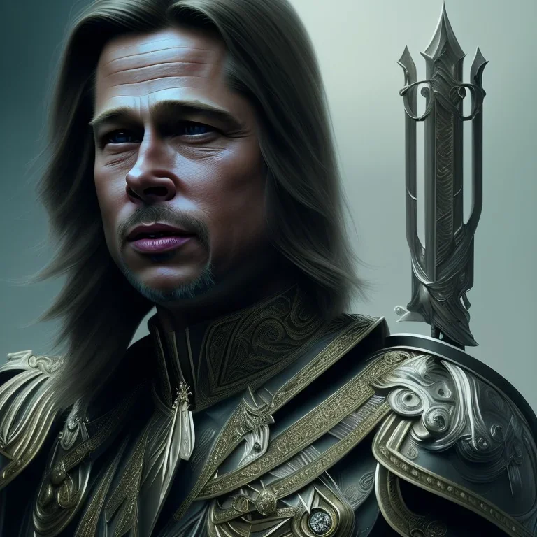 Brad Pitt, long black hair, elemental face, Unreal Engine 5, highly detailed, highest quality, digital painting, complex 3d render, unreal engine render, insane detail, intricate photograph quality, magnificent, majestic, highly intricate, Realistic photography, grand hall, wicked throne, holding scepter, crown of barbwire, dark color palette, metallic, highly detailed, highest quality, digital painting