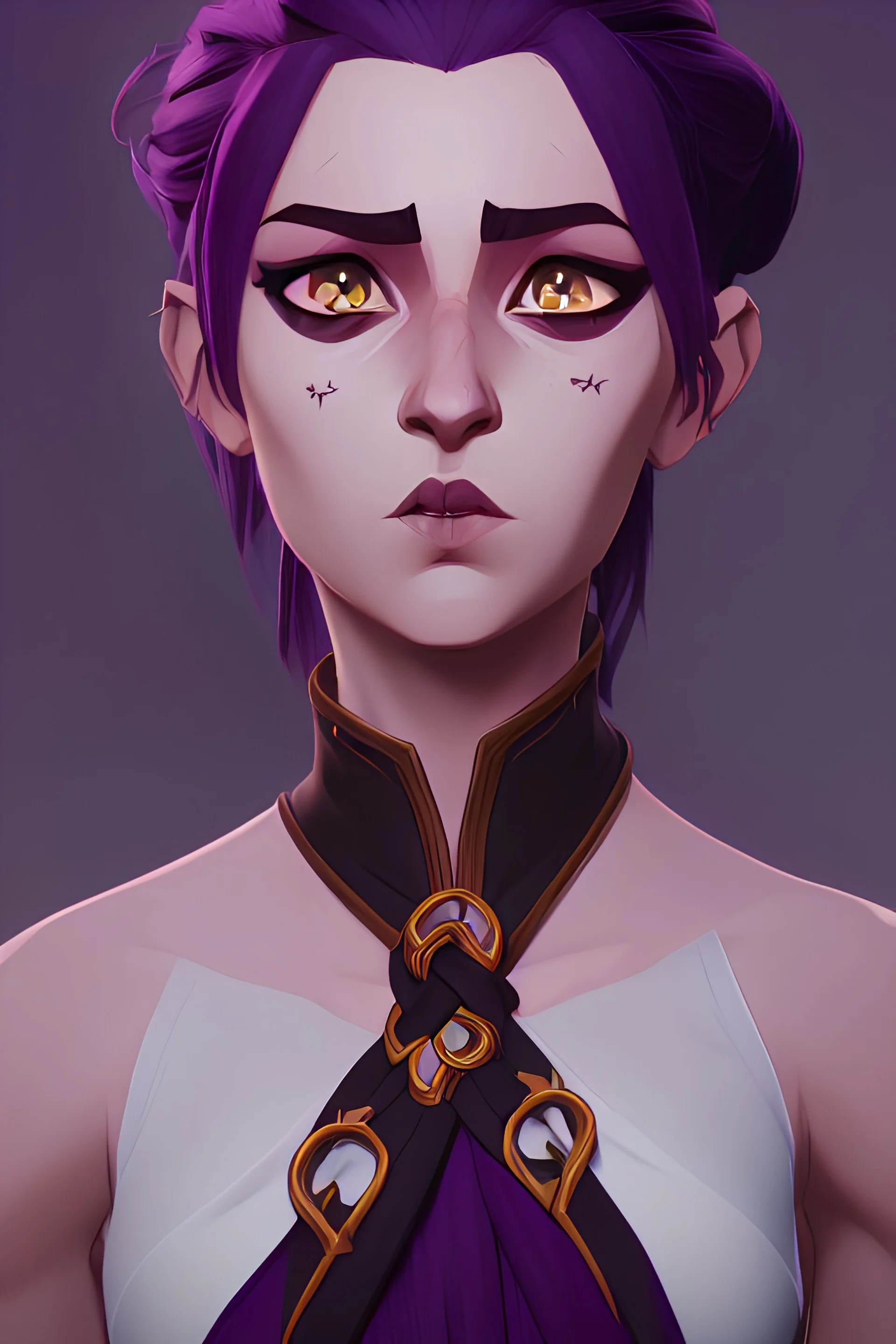 1 girl,portrait, beautiful,tiefling, bard, purple skin, fiery glowing eyes, A pair of symmetrical horns protruding from her forehead, long black hair tied up in a ponytail and braided sidebangs