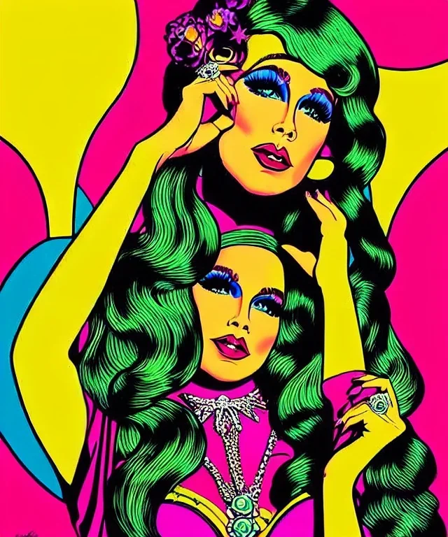 60s pop art, art nouveau, psychedelic, groovy, "Trixie Mattel", beautiful long-haired hippie, by artist "Lively Scout