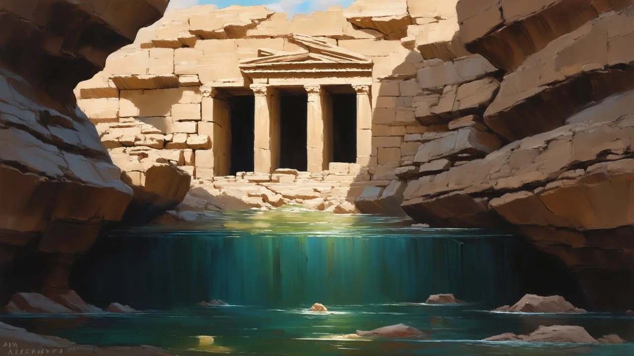 An oil painting depicting the submerged ruins of the Rock Temples in Aswan. A large, ancient stone structure, composed of layered, rough-textured rock formations, is the central subject. The structure shows signs of weathering and decay, with visible cracks and crevices. Light streams down from above, highlighting parts of the structure and creating dramatic shadows. The colors are muted earth tones, including various shades of browns, tans, and greens, with hints of blues and teal in the ba