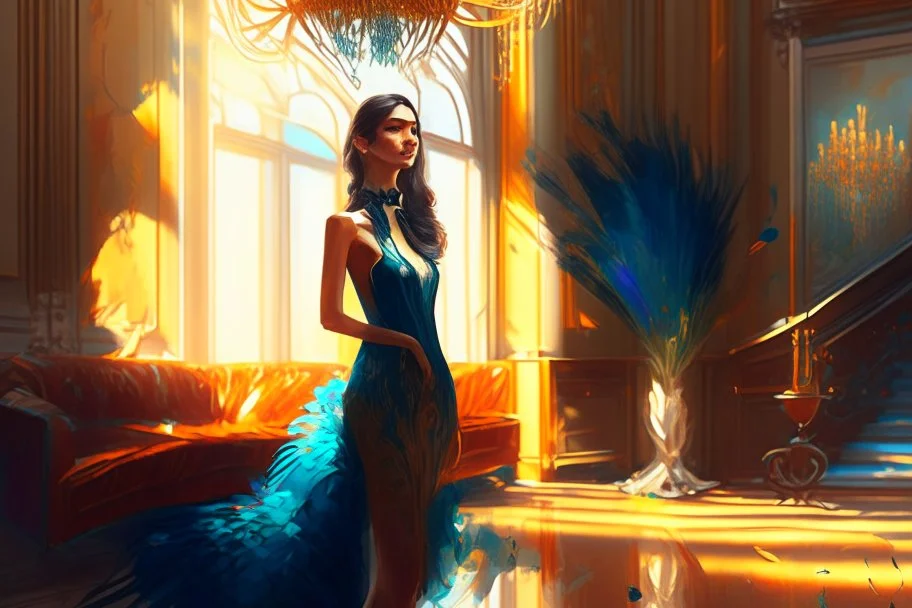 brunette woman standing in an elegant living room in a beautiful peacock feather dress in sunshine Weight:1 8k resolution concept art by Greg Rutkowski dynamic lighting hyperdetailed intricately detailed Splash art trending on Artstation triadic colors Unreal Engine 5 volumetric lighting Alphonse Mucha WLOP Jordan Grimmer orange and teal Weight:0.9