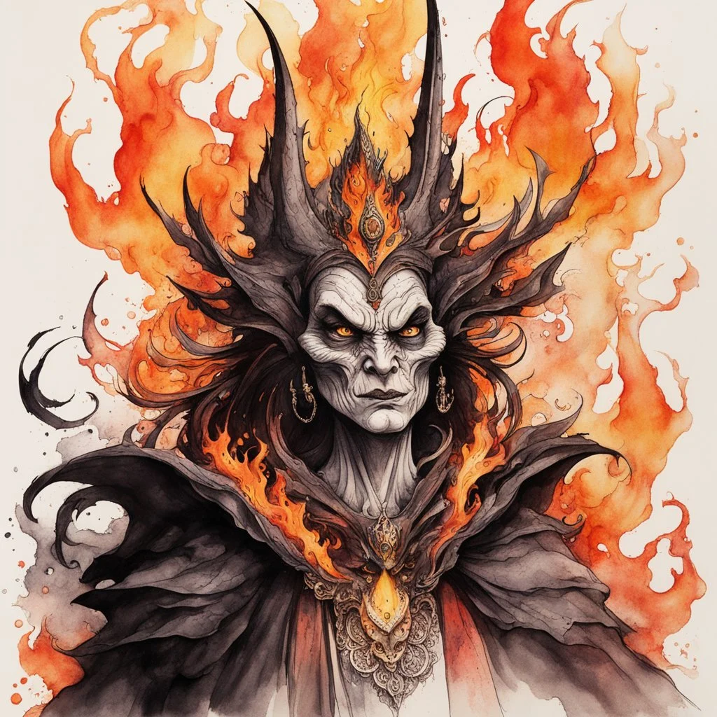 create an abstract ink wash and watercolor caricature portrait of a beautiful, malevolent, ornately dressed , 14th century sorceress engulfed in fire ,highly detailed with refined facial features in the cartoon caricature style of Gerald Scarfe and Ralph Steadman precisely drawn, boldly inked, boldly colored, 4k