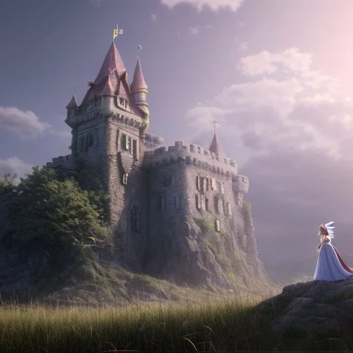 fairy tail castle with beautiful woman and wolf in the foreground