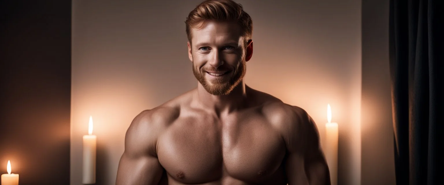 Hyper Realistic Photographic Long Shot View of A (french Beard) Manly Muscular Extremely Handsome Shirtless Ginger Man (Age 35 with Short Hair) Showing His Muscular Smooth Chest with a black towel, Standing & Giving a Light Bold Smile Seductively Against The Wall Inside His Bedroom With Ceiling Lights & Candles In Bedroom With Smoky Environment At Dark Night Showing Dramatic & Cinematic Ambiance.