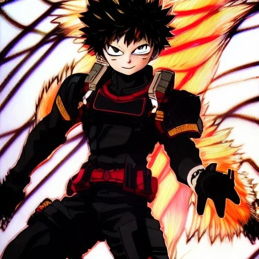 Detailed anime portrait of bakugo from my hero academia, gold hair and golden eyes, black suit, intricate details, full body portrait, keep head in frame, slight smile, black Japanese motif, concept art, highly detailed, digital painting, concept art, sharp focus, illustration, art by Yoji Shinkawa, WLOP and greg rutkowski and alphonse mucha and artgerm and yanjun Chen and Junji ito and Makoto Shinkai, HDR, octane render