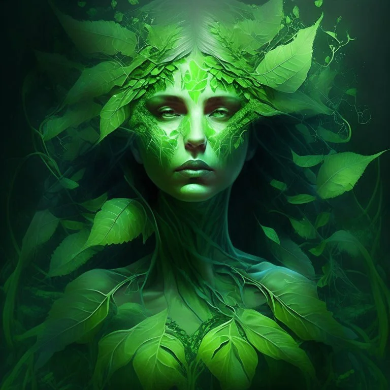 mystical powerful greenish botanical woman