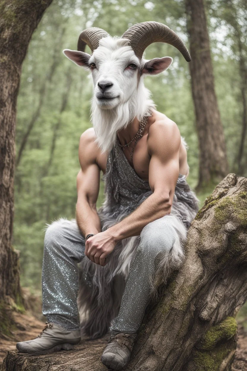 full body view, photography of a mythical satyr, a half man, half goat in the forest, eyes squinting, horns like a male goat, in the style of glitter pastels, grey goatee, ruddy weathered, hairy man face, lower body is a goat with goat legs and hooves, smiling, sitting on a tree stump