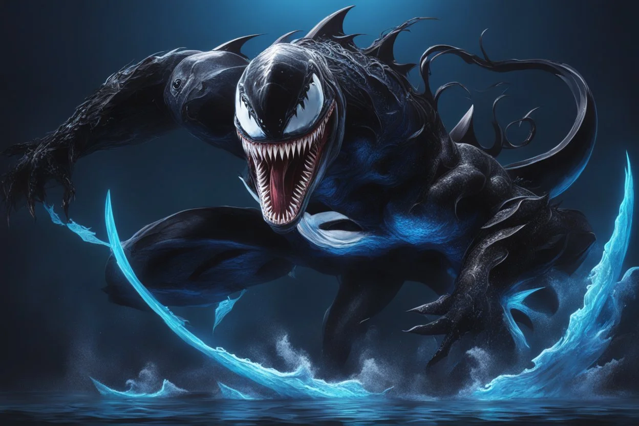 Huge venom in 8k solo leveling shadow drawing, shark effects, neon blue lights, sea, intricate details, highly detailed, high details, detailed portrait, masterpiece,ultra detailed, ultra quality