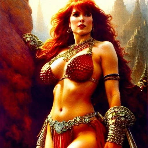 Drawing of beautiful face,'beautiful,Busty fit Red Sonja',intense stare, ancient skintight armor, balanciaga fashion clothe painting by gaston bussiere, greg rutkowski, yoji shinkawa, yoshitaka amano, tsutomu nihei, donato giancola, tim hildebrandt, Oil on canvas, cinematic composition, extreme detail,fit full head inside picture,16k