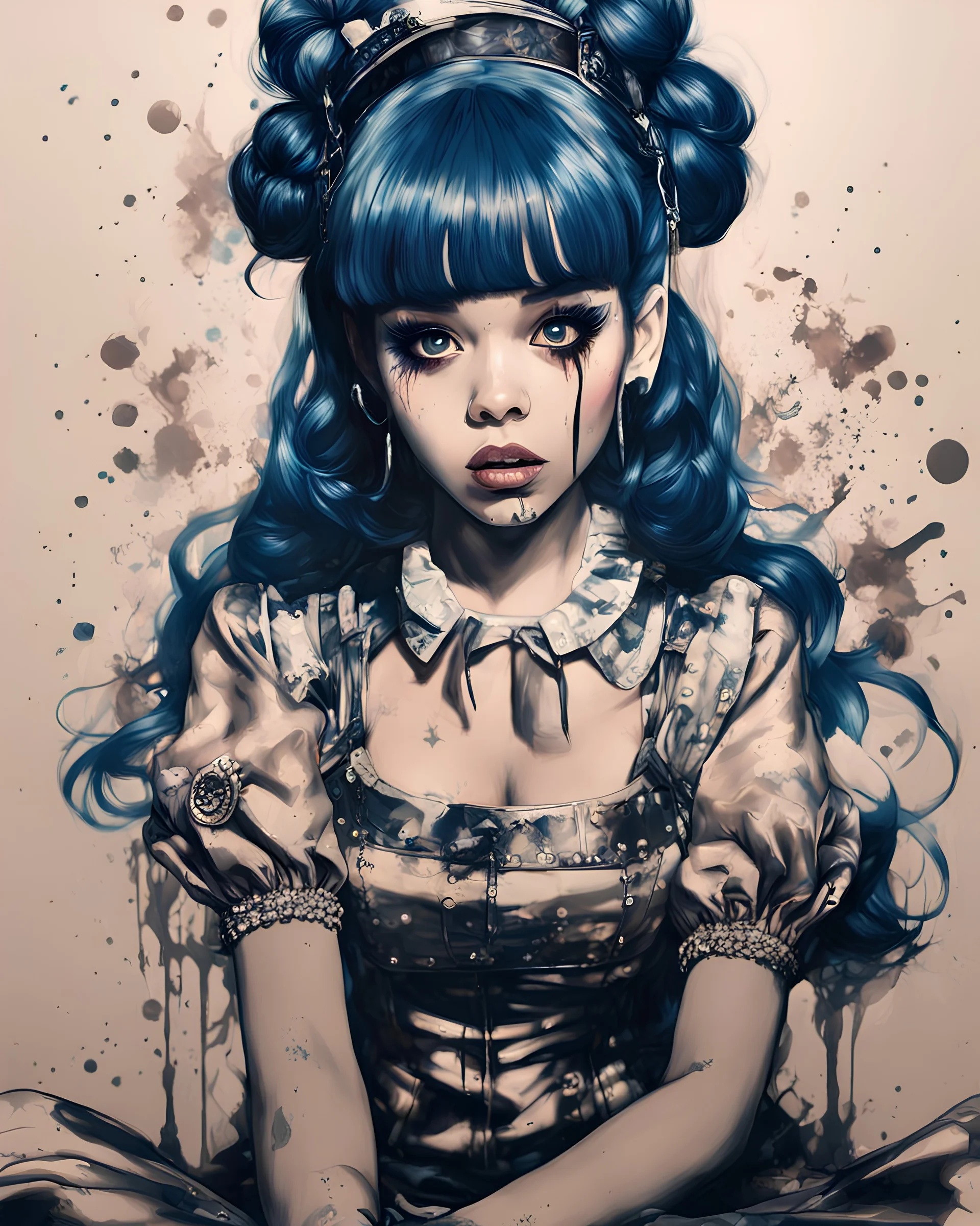 Poster in two gradually, a one side the Singer Melanie Martinez face, full body, sit pose, painting by Yoji Shinkawa, darkblue and sepia tones,sinister, detailed iridescent, metallic, translucent, dramatic lighting, hyper futuristic, digital art, shot with Sony Alpha a9 Il and Sony FE 200-600mm f/5.6-6.3 G OSS lens, natural light, hyper realistic photograph, ultra detailed -ar 3:2 -q 2 -s 750,malevolent goth vampire girl face and other side