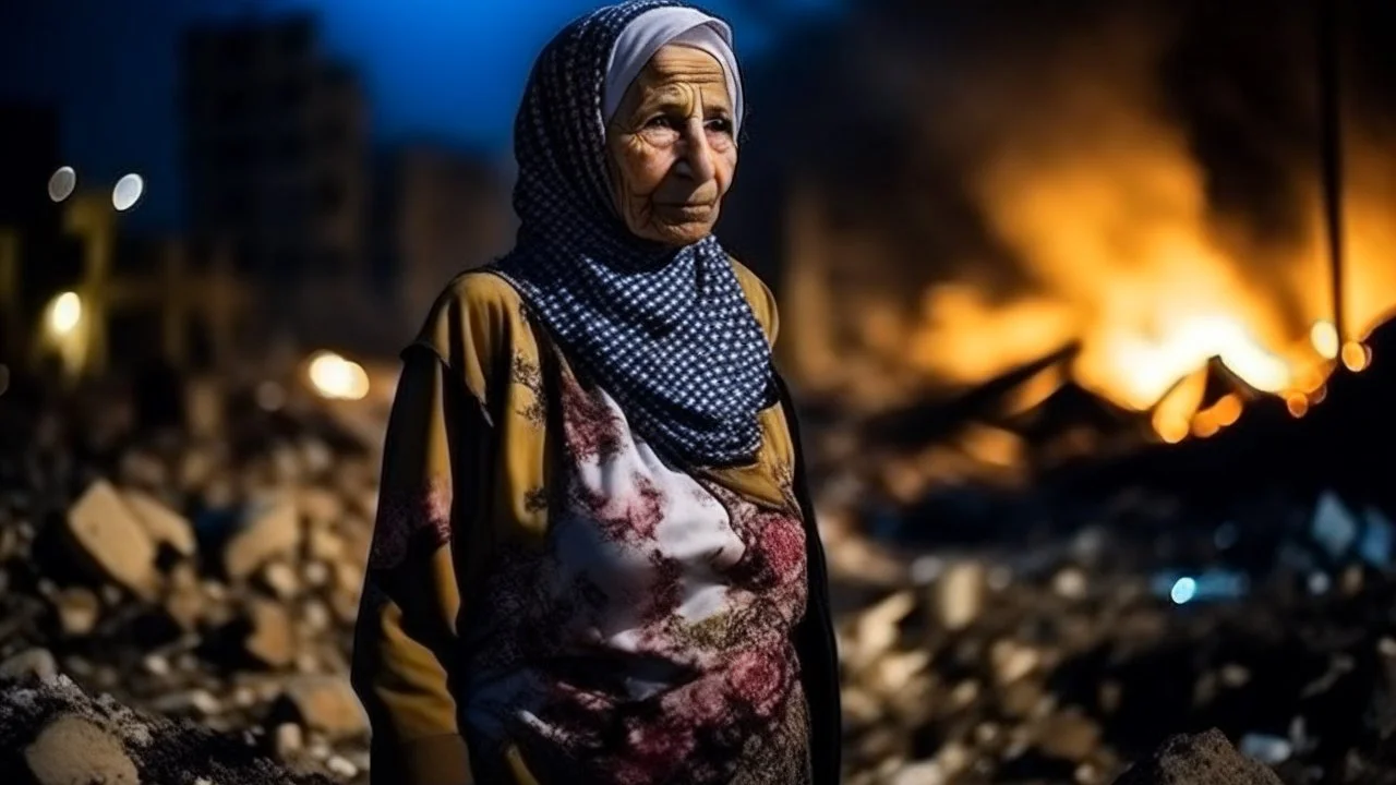 Palestinian old woman wears the keffiyeh , Carrying a small city ,at summer , Destroyed Buildings , with a Explosions, at night