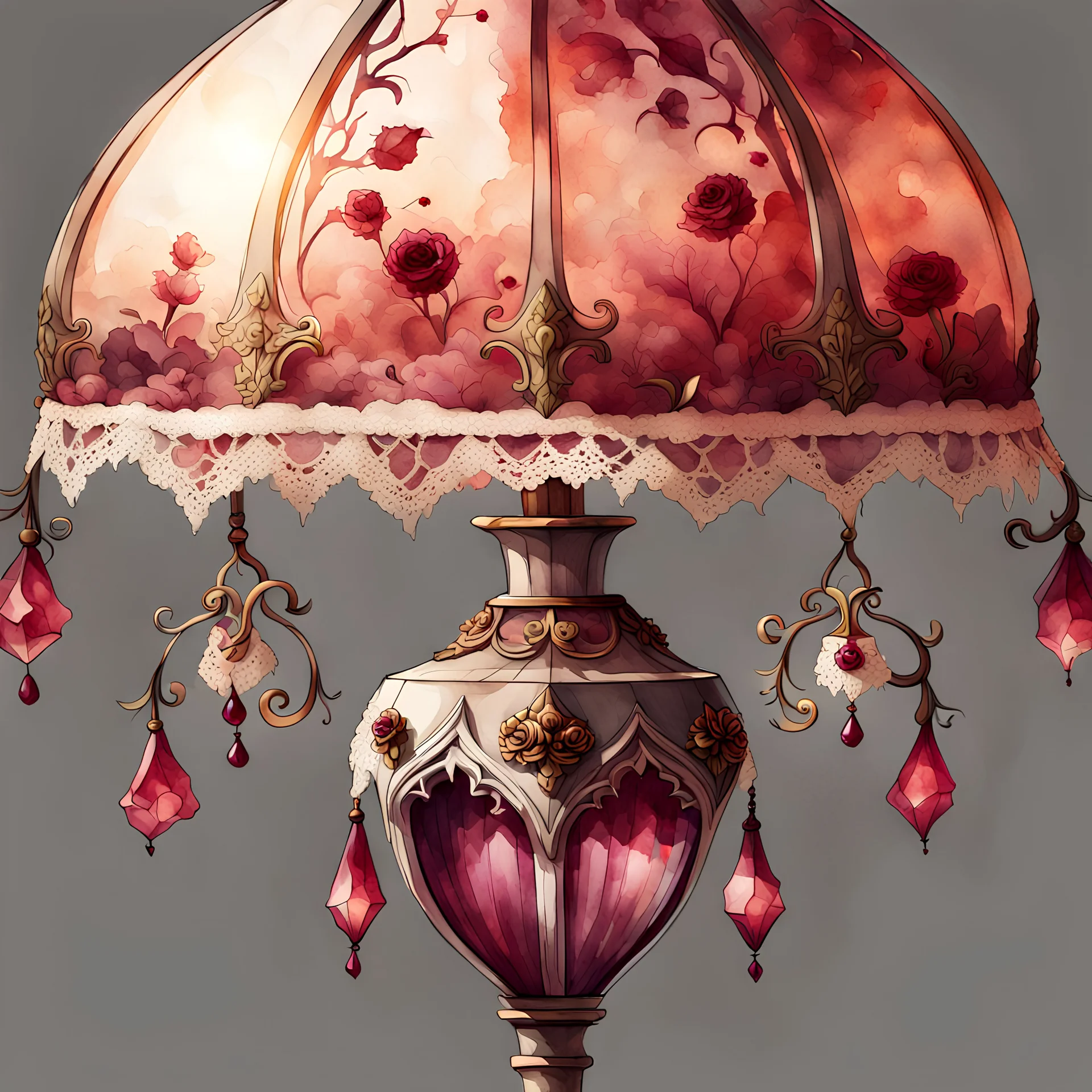 watercolor drawing gothic maroon table lamp with flowers, rubies and lace, on a white background, Trending on Artstation, {creative commons}, fanart, AIart, {Woolitize}, by Charlie Bowater, Illustration, Color Grading, Filmic, Nikon D750, Brenizer Method, Side-View, Perspective, Depth of Field, Field of View, F/2.8, Lens Flare, Tonal Colors, 8K, Full-HD, ProPhoto RGB, Perfectionism, Rim Li