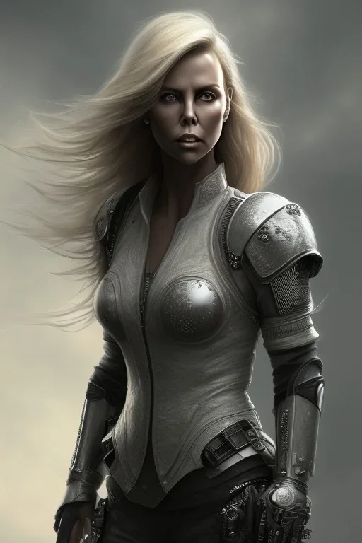 Charlize Theron ,fly hair, mist around, highly realistic, highly detailed, gangsta armor, mist around, smoke