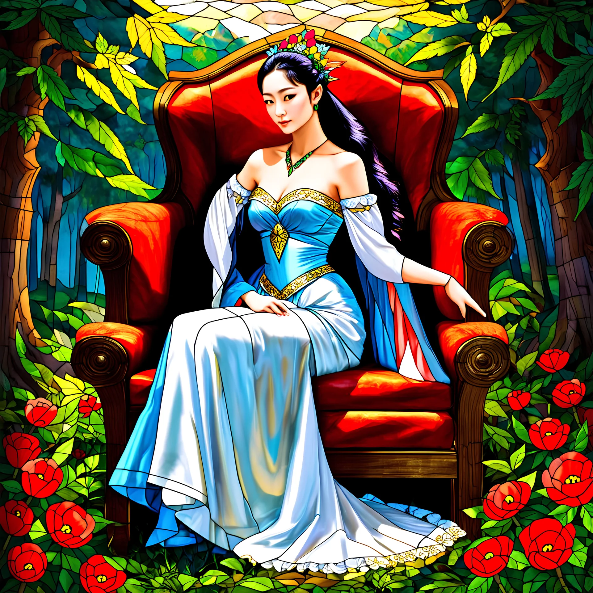 Stained Glass Art Nouveau art style A beautiful as a model asian woodland elf princess who looks like a young Lucy Liu seated on a throne surrounded by poppies and marijuana leaves in a mystical forest, photo-realistic