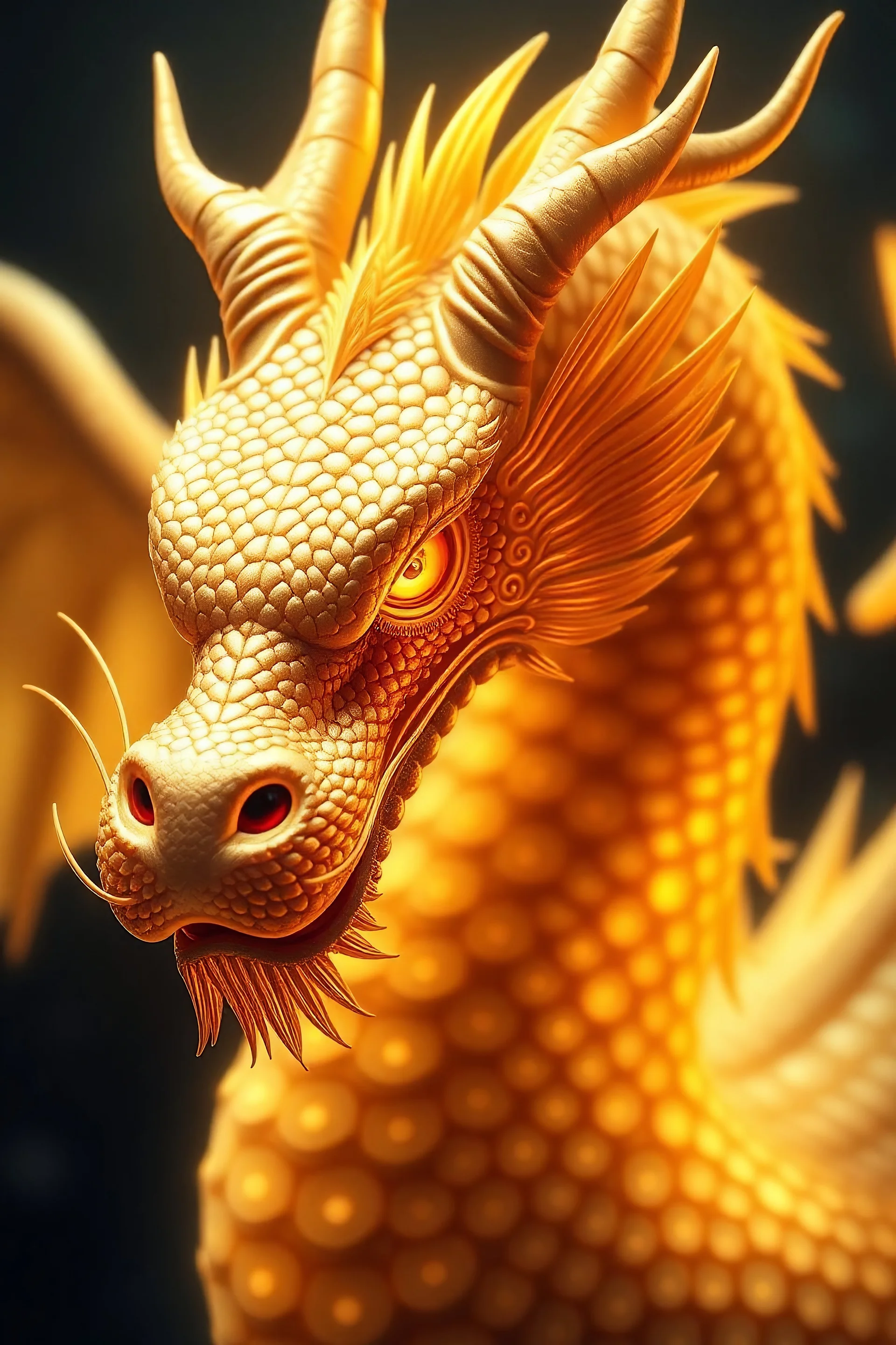 a realistic portrait of a majestic japanese gold dragon with luminous scales that glow softly like molten gold. Her eyes are warm and wise, and her wings shimmer with radiant light.