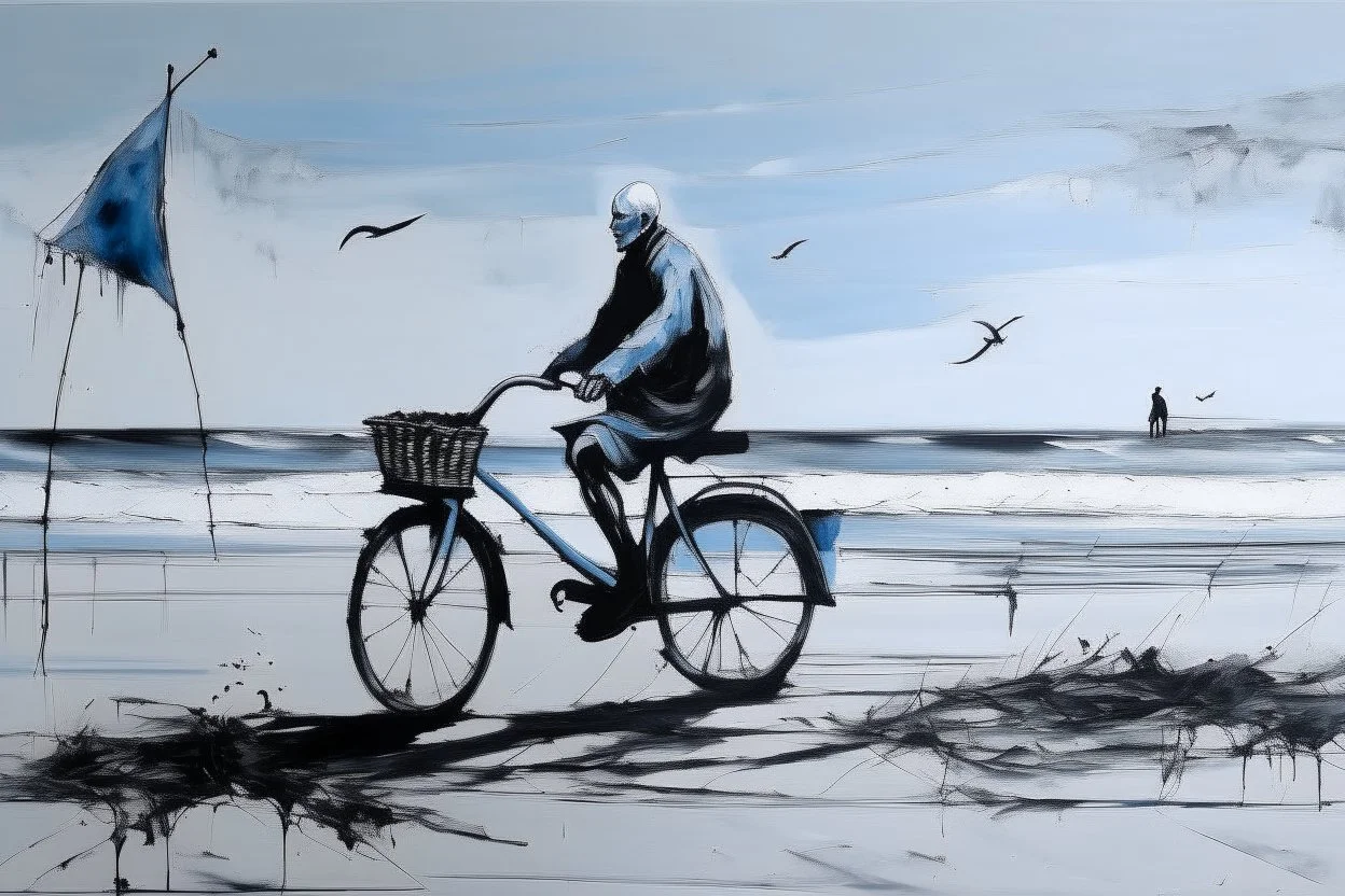 a long-legged lean black-grey monk with ((beak-shaped heads)) (wearing white khiton) riding a bike in front of a boat wreck on a radioactive beach, front view, acrylic painting, minimal art, centered, wild sparse brushstrokes, amazing verticals, great parallels, low bleak colors of gray, blue and black, excellent negative space contrasts