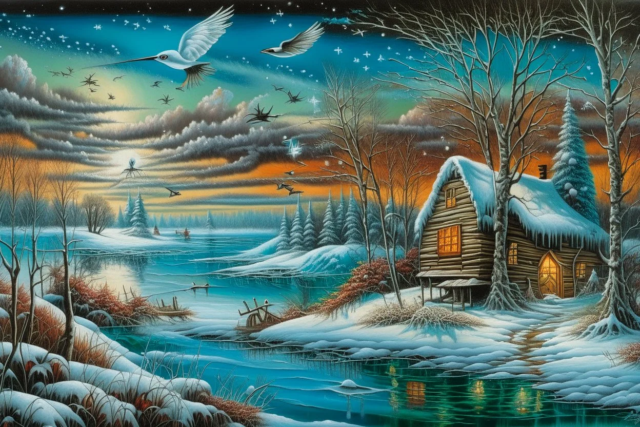 Richly textured Hieronymus Bosch, Catrin Welz-Stein, William Turner, Zdzisław Beksiński, Jacek Yerka oil on canvas zentangle line art style mix, surreal frosted fantasyland winter oceanscape, hoarfrost on trees, high grasses, snow and cottages, withered flowers, pale sunrise; paint splatter, beautiful vibrant colors, reflections, SK, flying seagulls, dramatic clouds, snowfall.