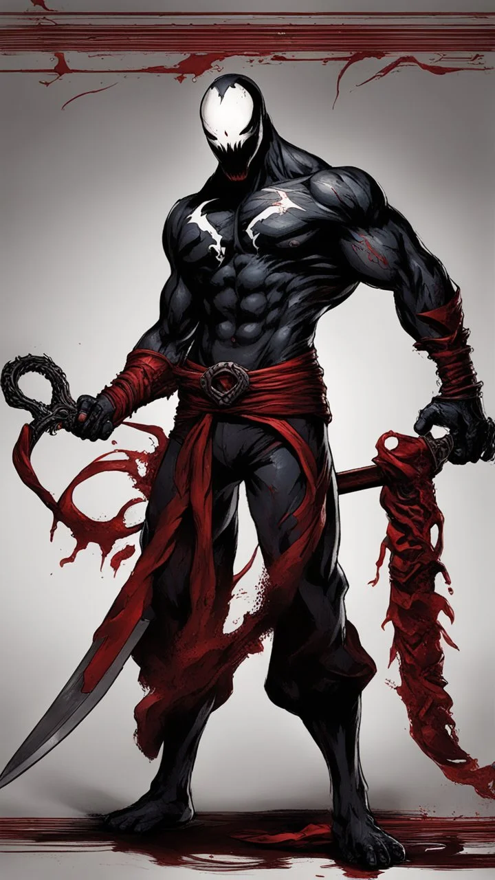 A close picture of Venom symbiote with kratos red tattoos and Clothes, holding blade of choice