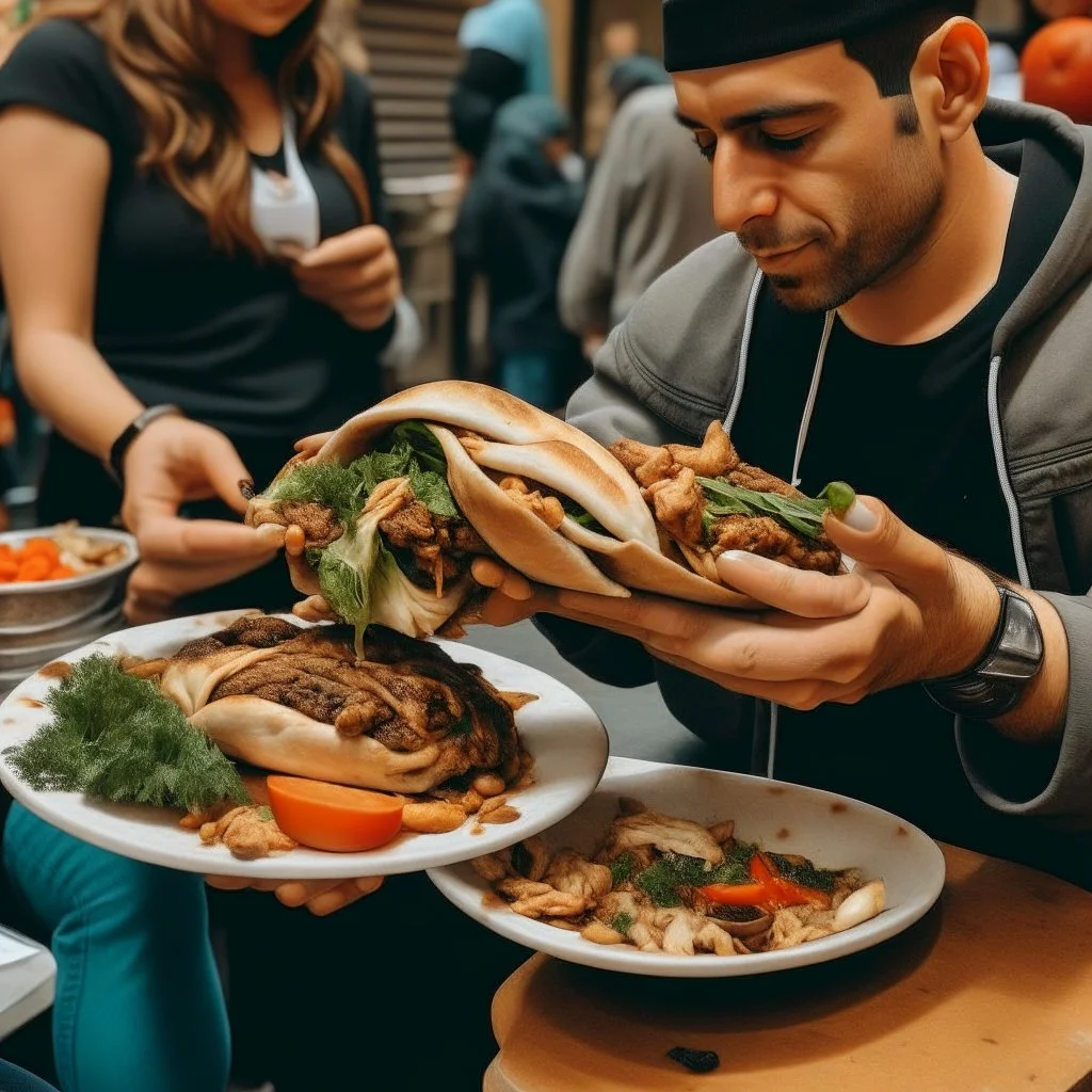 Two people, including a shawarma meal, are looking at it