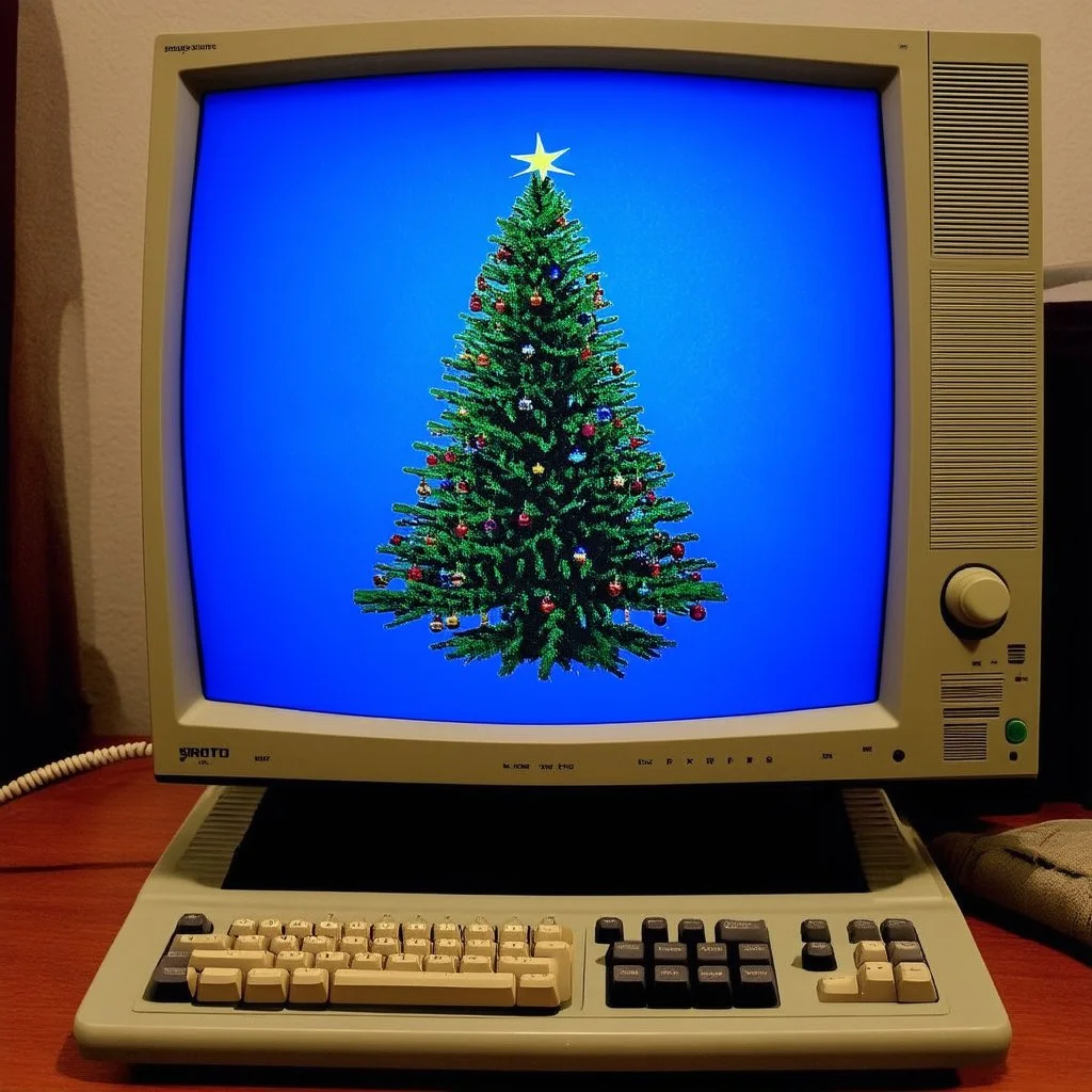 Christmas tree displayed on an old CRT computer monitor