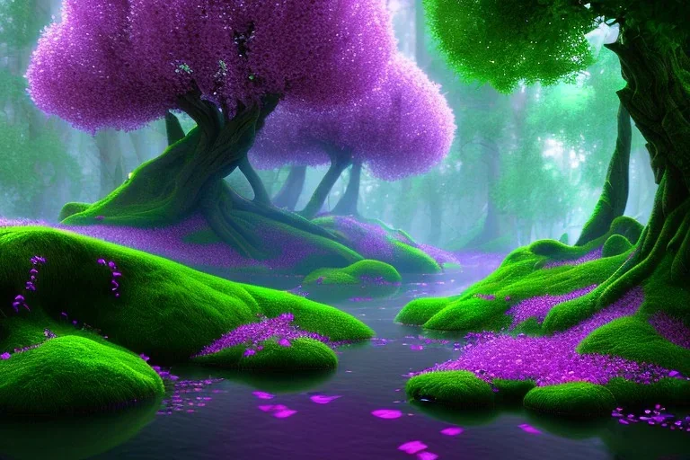 Immersive​ fantasy elven forest green tree pink purple flower blossom river 4k full hd