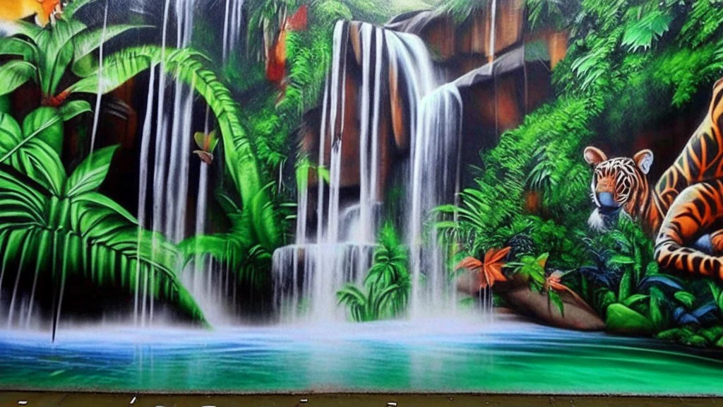 street mural. jungle.water fall. trudeou