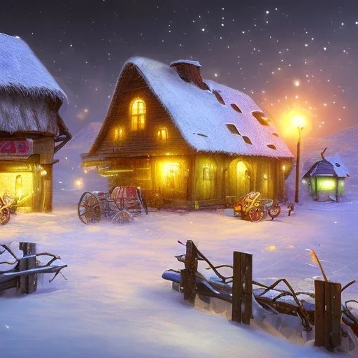 fantasy farming village square winter night grasslands