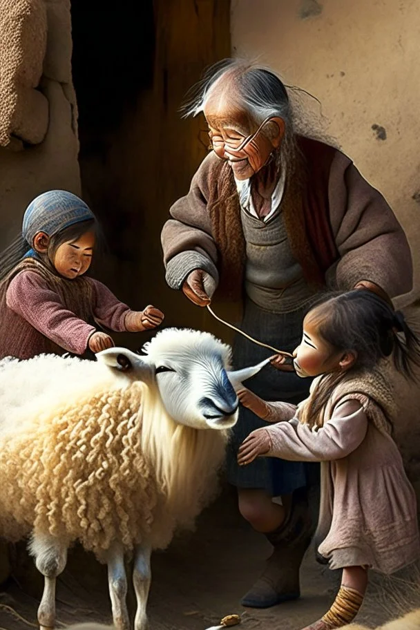 Marai girl playing with her grandfather and sheep around her