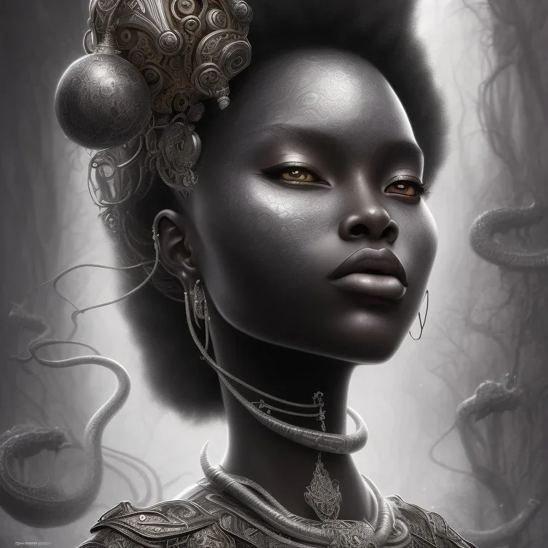 sango fantasy, fantasy magic, intricate, sharp focus, illustration, highly detailed, digital painting, concept art, matte, masterpiece head sexy view black African beauty black afro hair space lady silver snakeskin African princess storm cloud