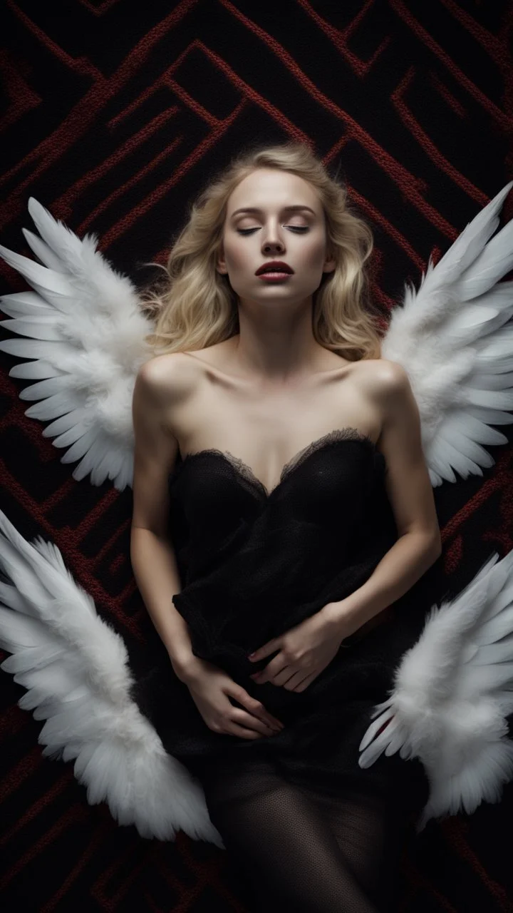 A beautiful, blonde girl in her twenties, with white wings, and a red ring over her eyes. She sleeps on a luxurious black carpet. Cinematic photo from above.