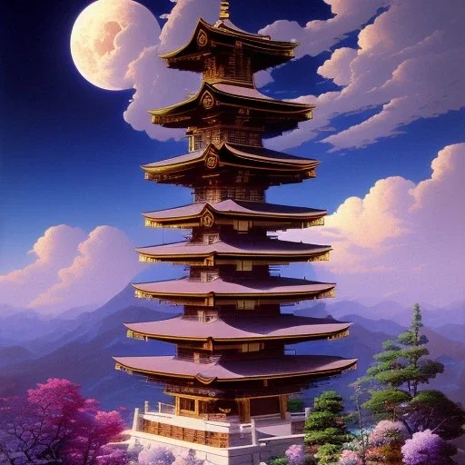 a traditional Japanese quite Torii on a mountain, dark,night , MOON IN SKY, DARK PURPLE SCHEME, by studio ghibli painting, clouds, wide angle , low-angle shot, by Joaquin Sorolla rhads Leyendecker, by Ohara Koson and Thomas Kinkade, traditional Japanese colors, superior quality, masterpiece